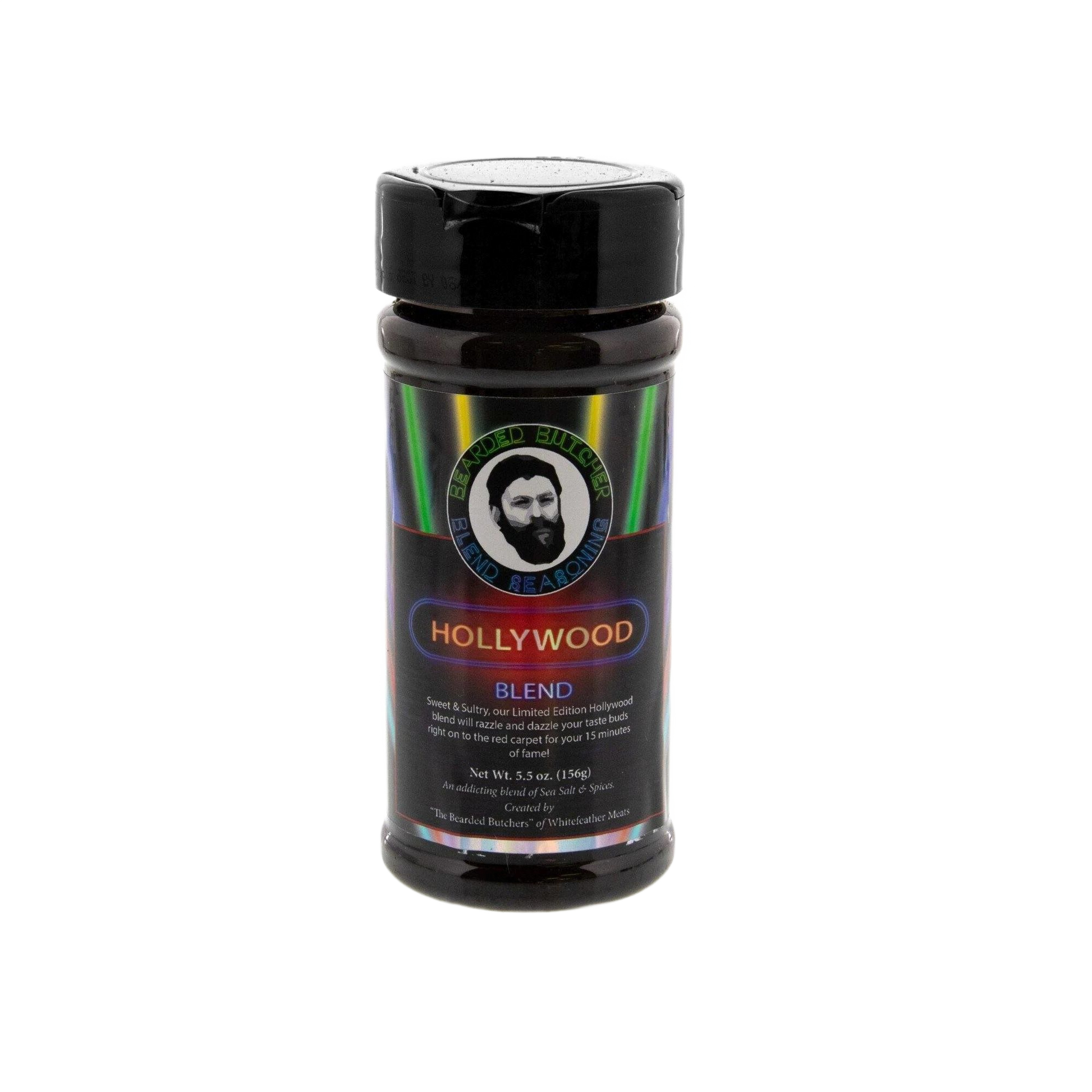 Plastic bottle of The Bearded Butchers Hollywood seasoning blend for grilling and BBQ sauces collection