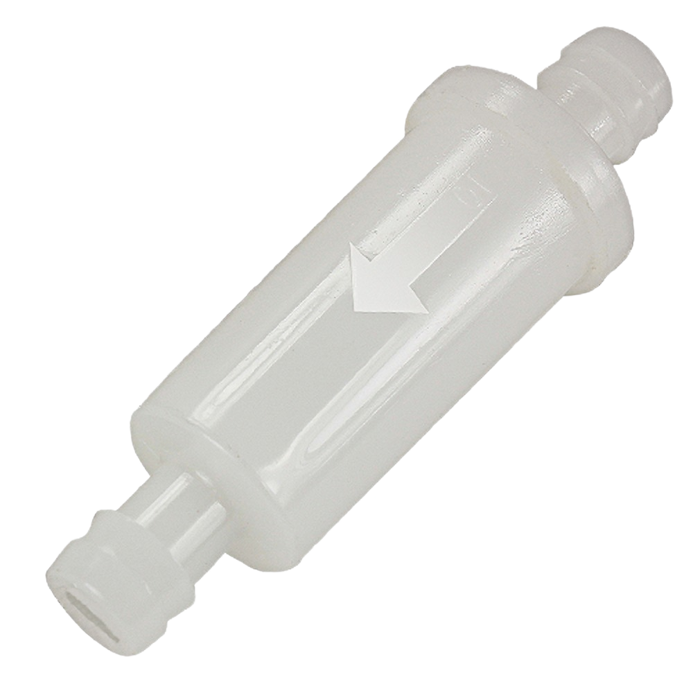 White inline fuel filter with arrow indicator for flow direction in John Deere parts and lubricants collections