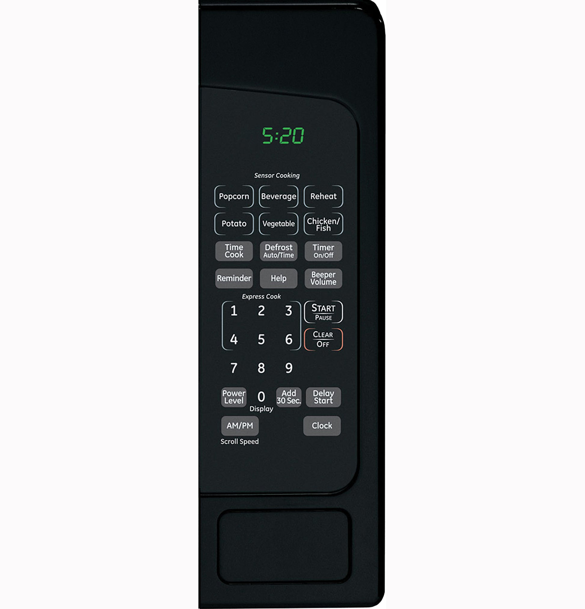Control panel of black countertop microwave with digital timer and preset sensor cooking options from kitchen appliances collection