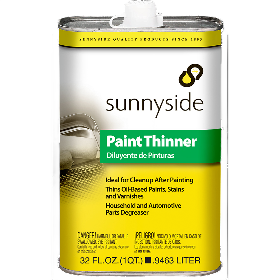 Metal container of Sunnyside paint thinner with detailed usage information for home improvement and cleaning tasks under $50 collection
