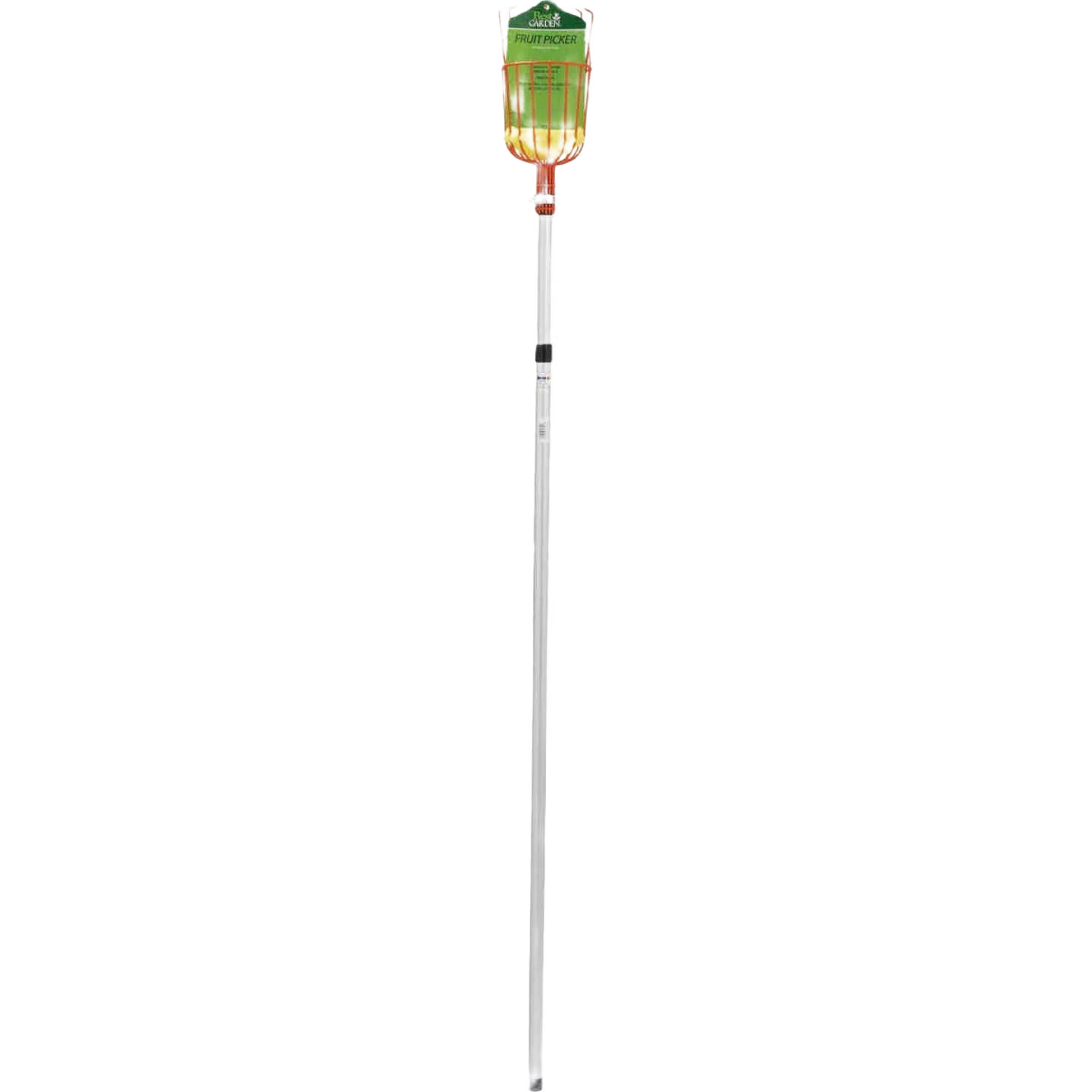 Extendable pole with bright orange metal basket fruit picker designed for easy harvesting in home gardens