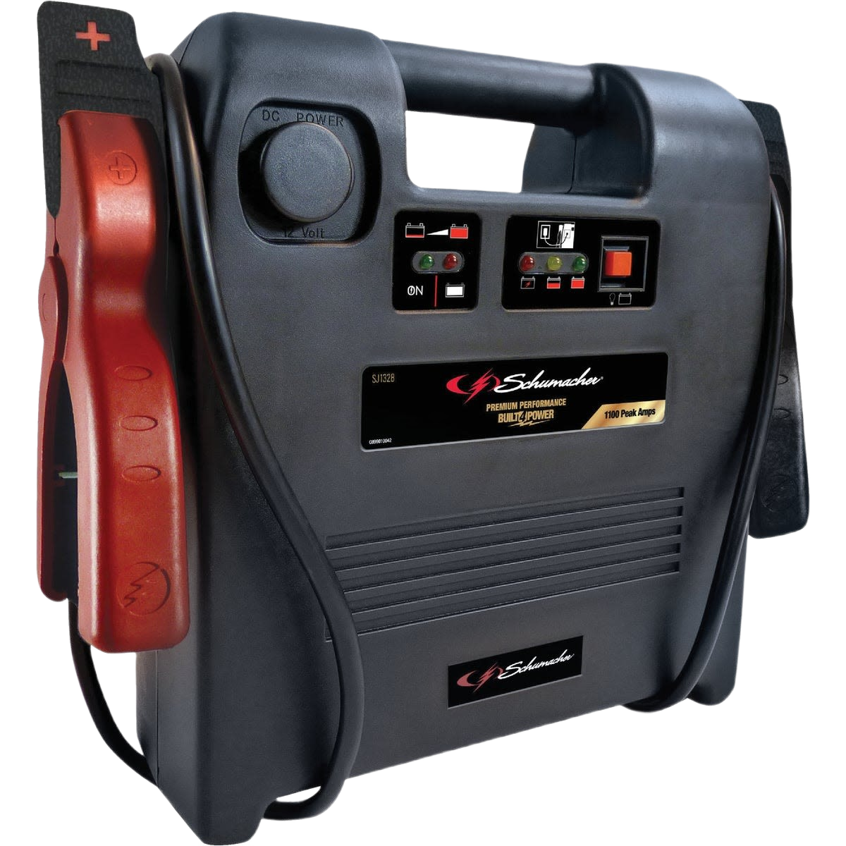 Compact portable jump start system with sturdy handle, power indicators, and heavy-duty clamps for automotive use