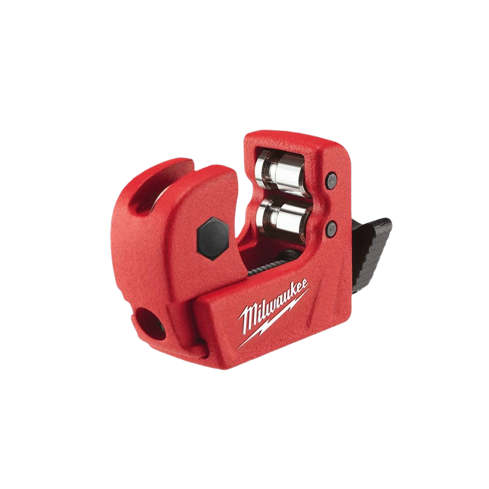 Compact red tubing cutter with hardened steel rollers and adjustable blade, designed for precise copper pipe cutting.