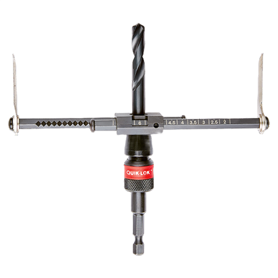Adjustable hole cutter with black metal arms and drill bit for woodworking tools and home improvement under $50 collection