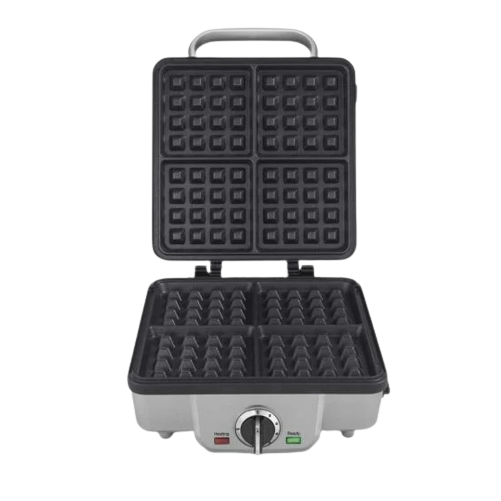 Compact stainless steel waffle maker with four-section plates for thick waffles and small kitchen appliances collections