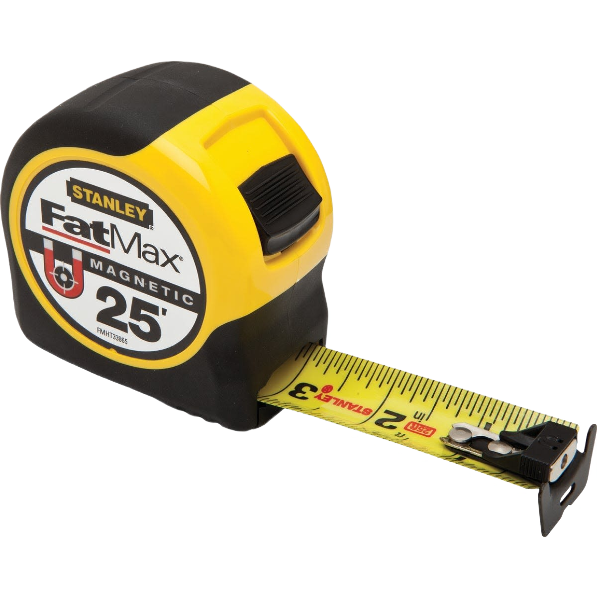 Yellow and black magnetic tape measure with 25-foot length and locking button for tools and home improvement use