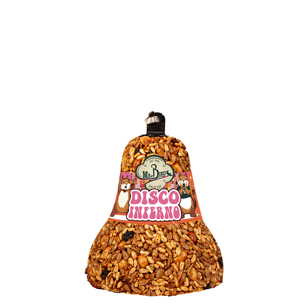 Bell-shaped bird seed treat with mixed grains and nuts, featuring decorative label with squirrels for outdoor feeding