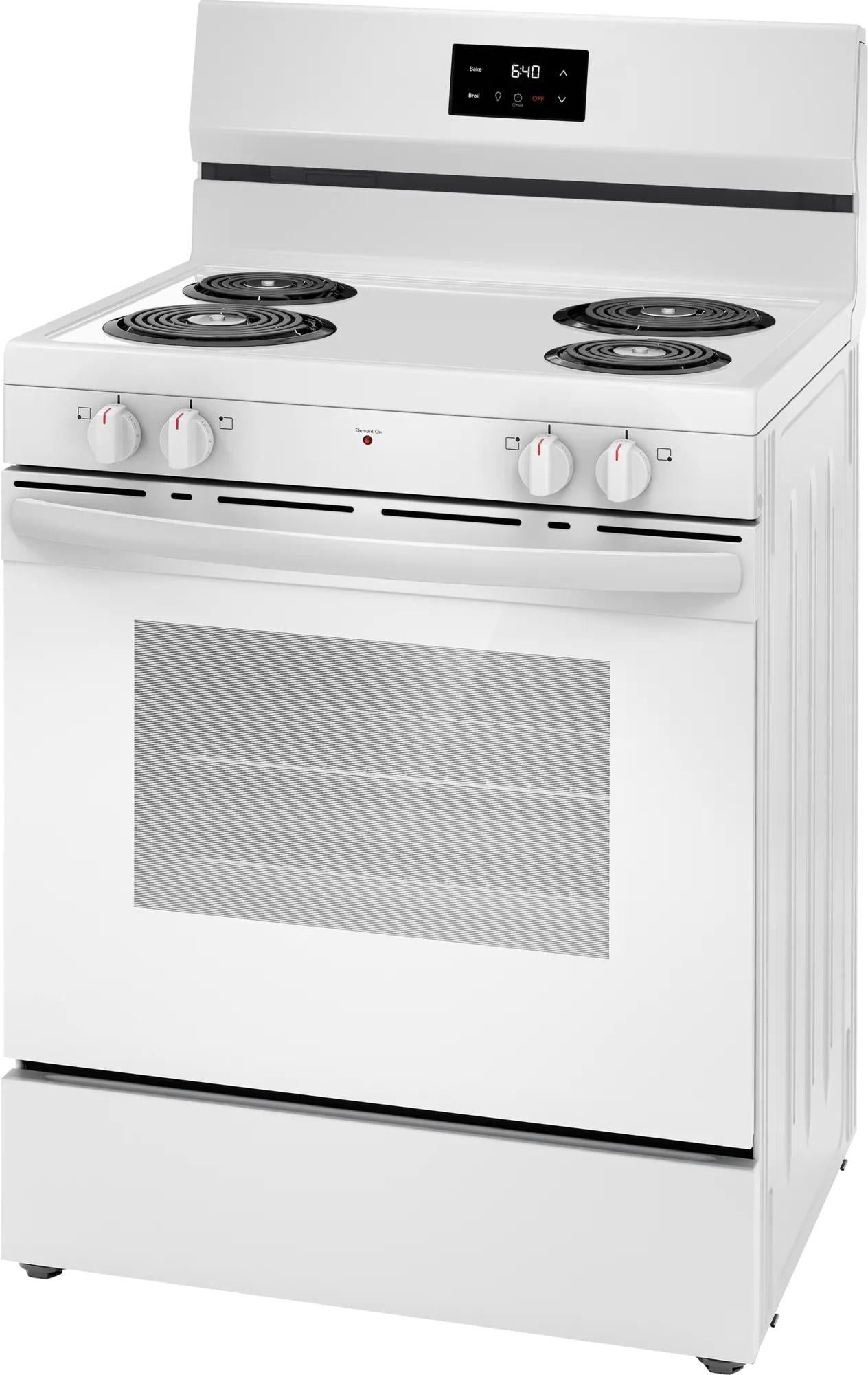 White freestanding electric range with four coil burners, digital display, and control knobs from Ranges & Cooktops collection