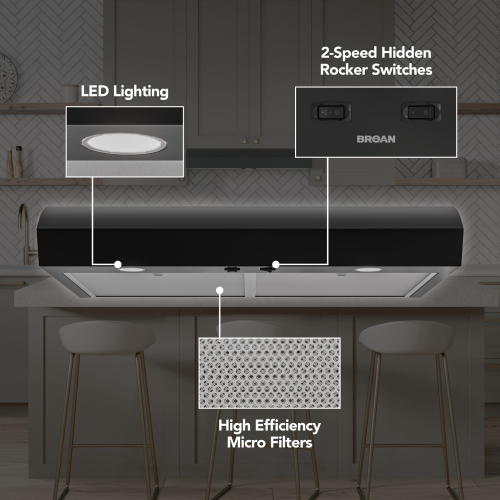 Under cabinet black range hood with integrated LED lighting, two-speed rocker controls, and high efficiency micro filters for kitchen ventilation and home improvement.