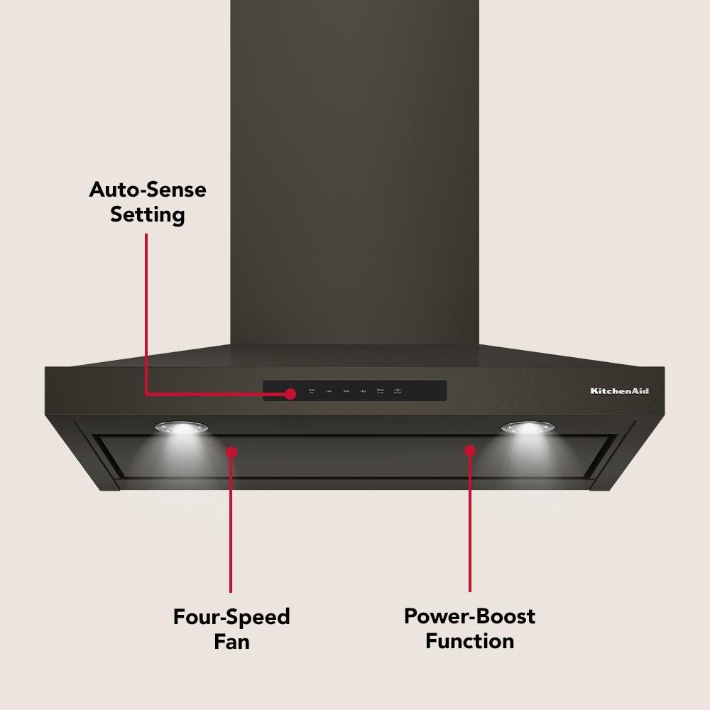Matte black wall-mount canopy range hood with auto-sense, four-speed fan, and power-boost ventilation features
