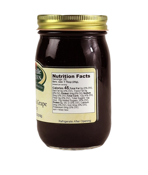 18-ounce jar of Hartville Kitchen old fashioned concord grape jelly showing nutrition facts label