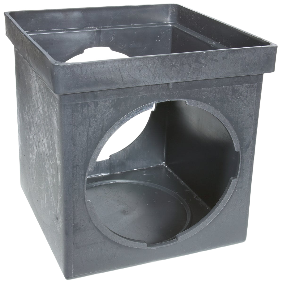 Black plastic square catch basin with dual openings for water drainage in plumbing and drain repair parts collections
