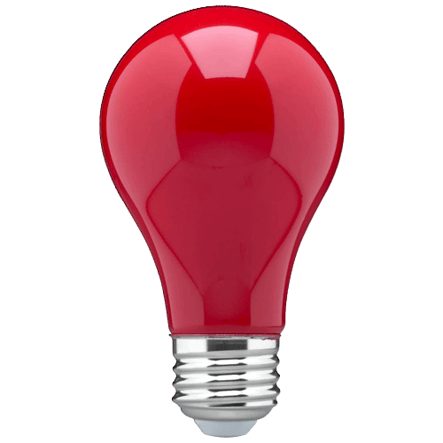 Red A19 LED light bulb with medium base designed for energy-efficient home improvement lighting solutions