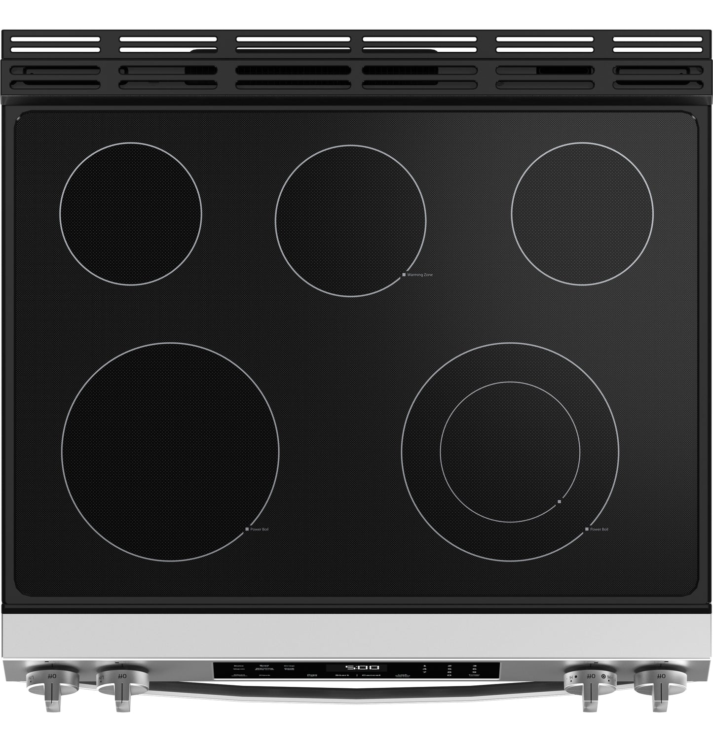 Black smooth cooktop electric range with five radiant heating elements and stainless steel front controls in kitchen appliances collection