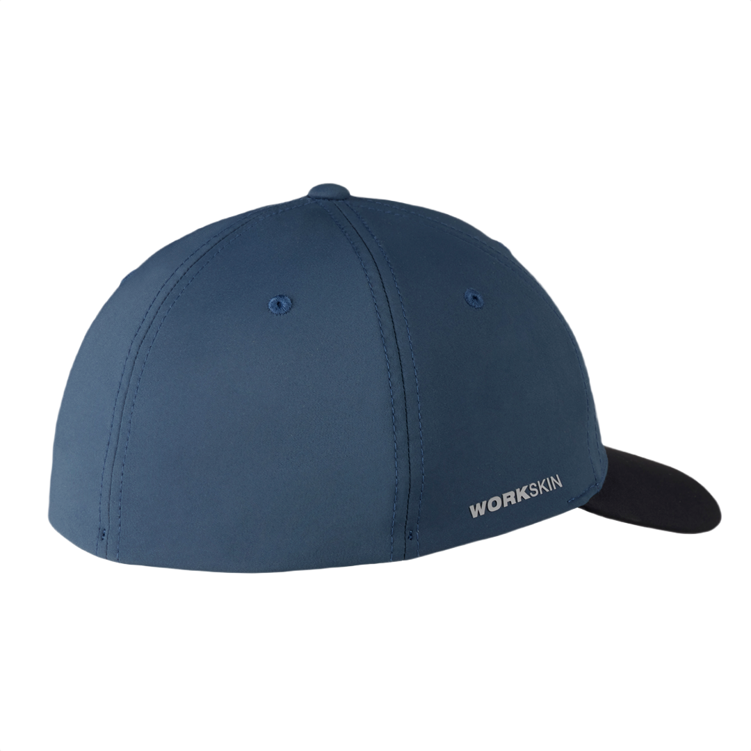 Blue fitted WORKSKIN™ performance hat with black brim, designed for tools and home improvement activities