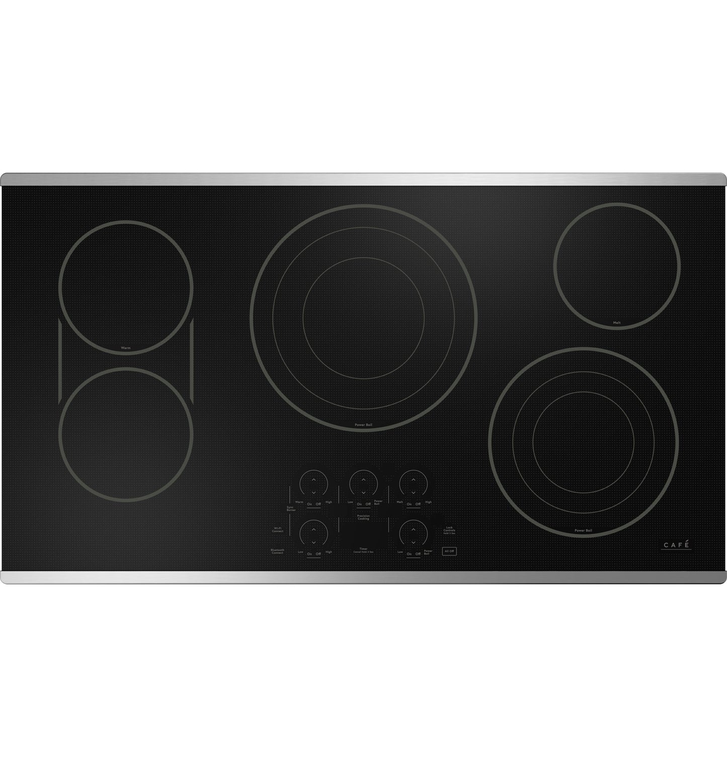 Black glass electric cooktop with five heating zones and touch controls in modern kitchen appliance collection