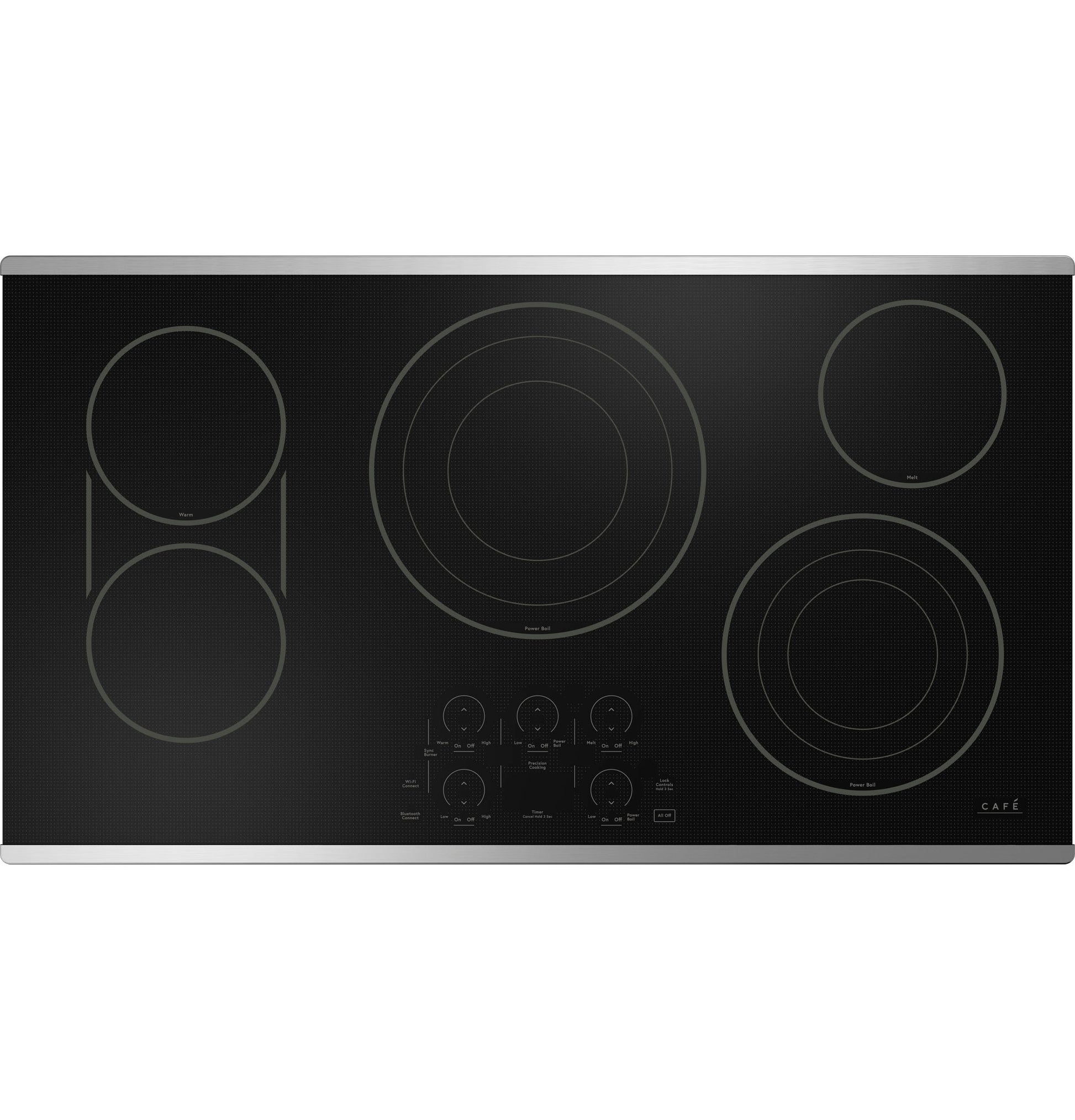 Black glass electric cooktop with five heating zones and touch controls in modern kitchen appliance collection