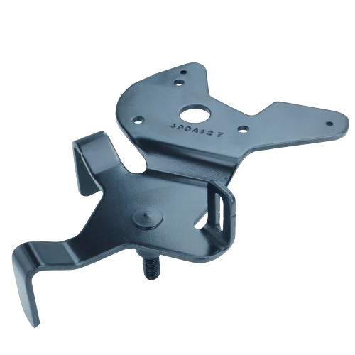 Black metal mower deck idler arm bracket with mounting holes for tools and home improvement use