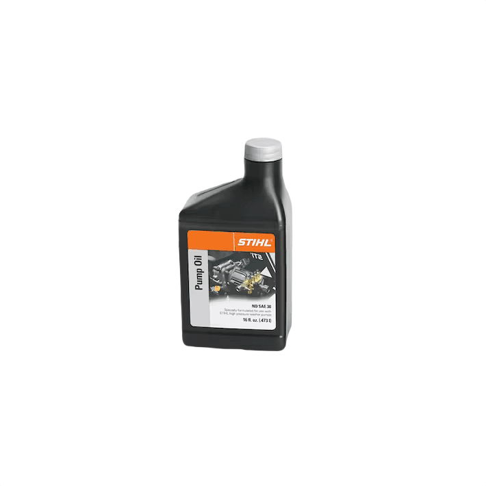 Black plastic bottle of pump oil with orange STIHL logo label for pressure washer maintenance and tools use