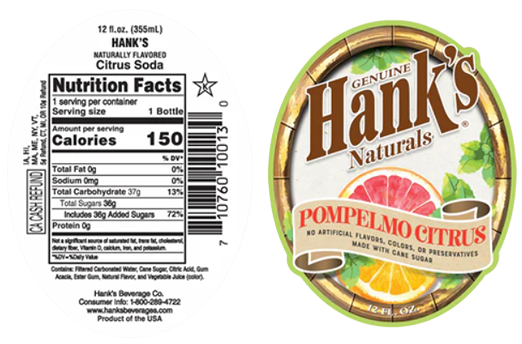 Front and back labels of Hanks Pompelmo Citrus Soda bottle with nutrition facts and citrus fruit design from Drinks collection