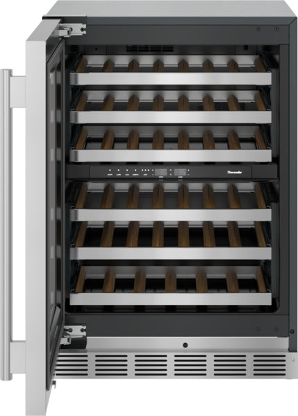Stainless steel under counter wine cooler with glass door, wooden racks, and digital controls from Thermador Appliances collection