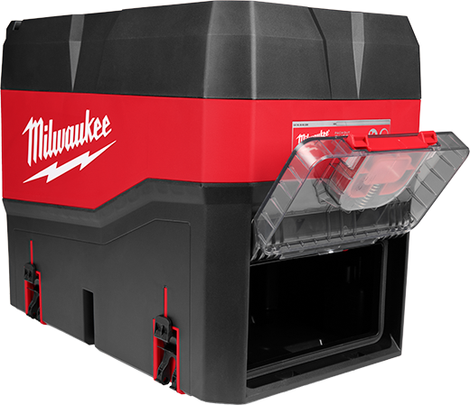 Red and black compact Milwaukee dust and debris separator with clear lid for tools and home improvement use