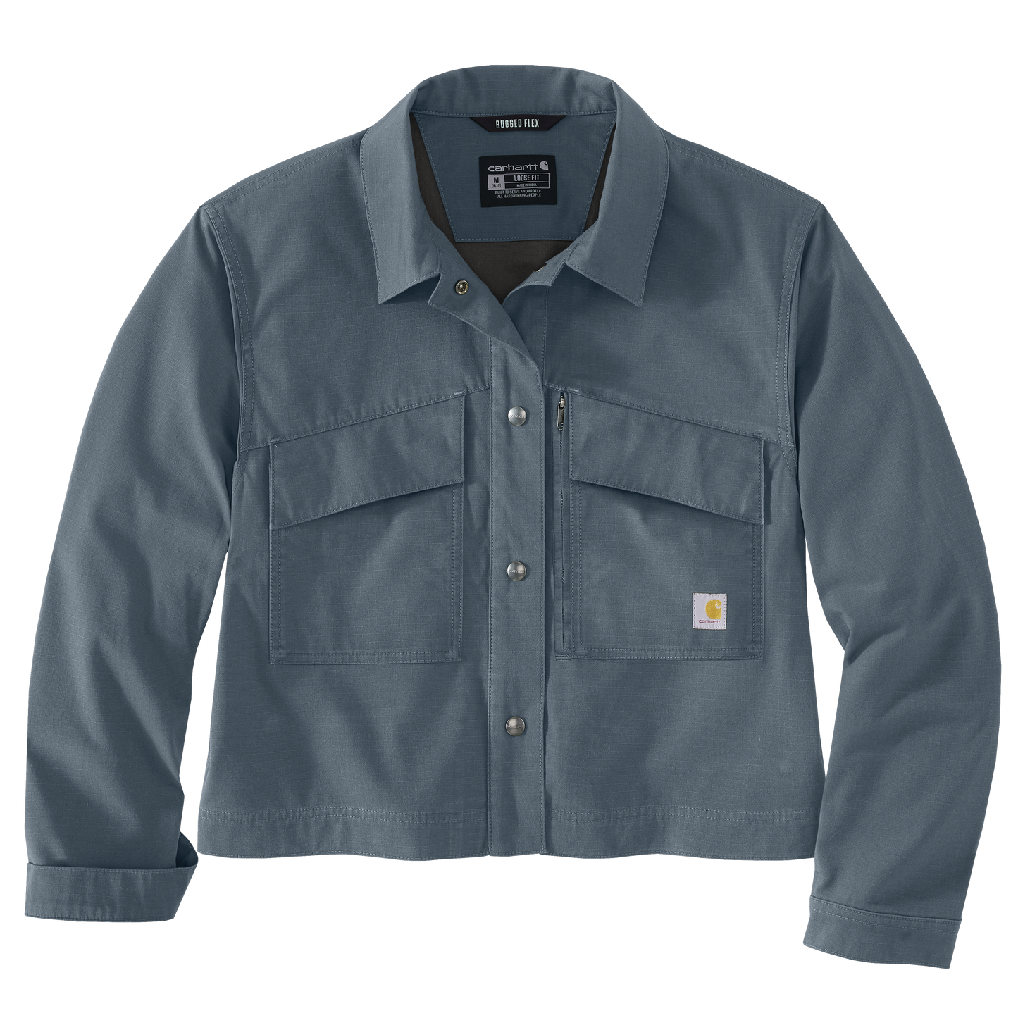 Women's blue-gray stretch cotton-blend ripstop utility jacket with snap-button front, two flap chest pockets, and relaxed fit from Carhartt's collection.
