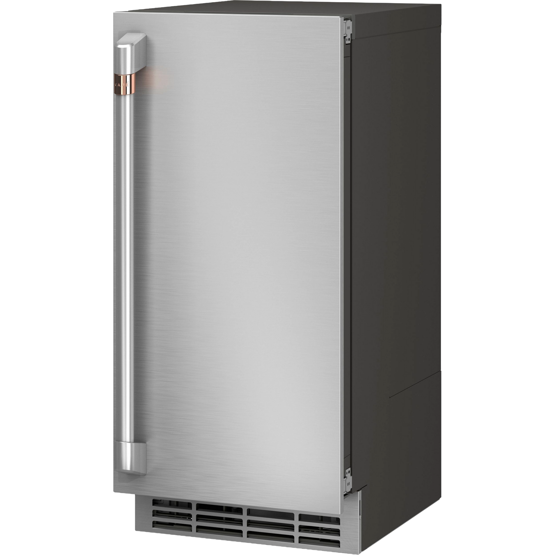 Stainless steel ice maker door with vertical handle and ventilation grille in modern kitchen appliance design