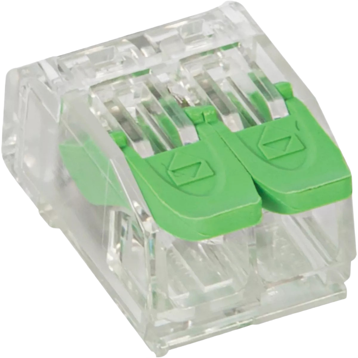 Clear plastic electrical push-in connector with green dual levers for wire splicing in electrical and home improvement collections