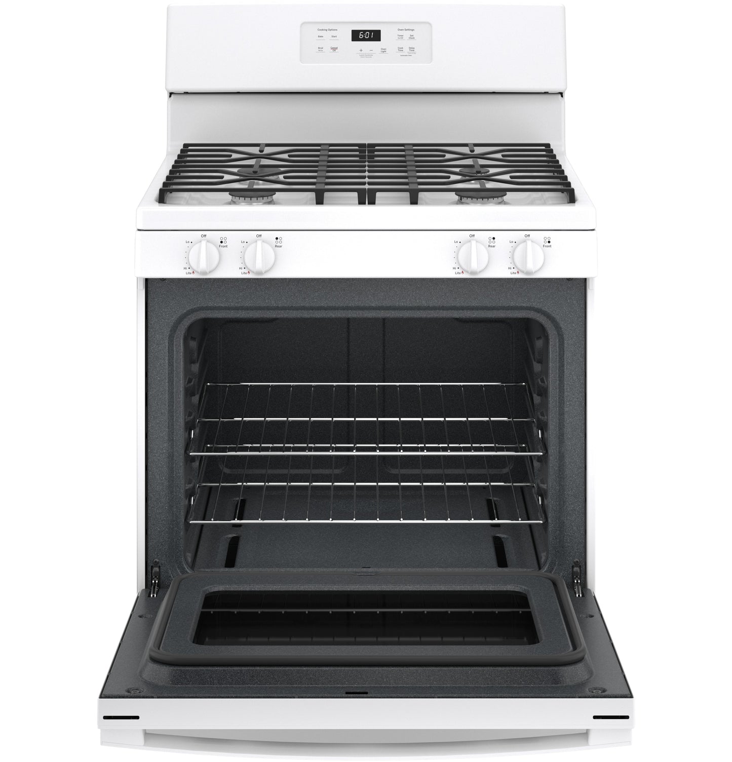 White free-standing gas range with open oven door and two racks in Ranges and Kitchen & Kitchenware collections