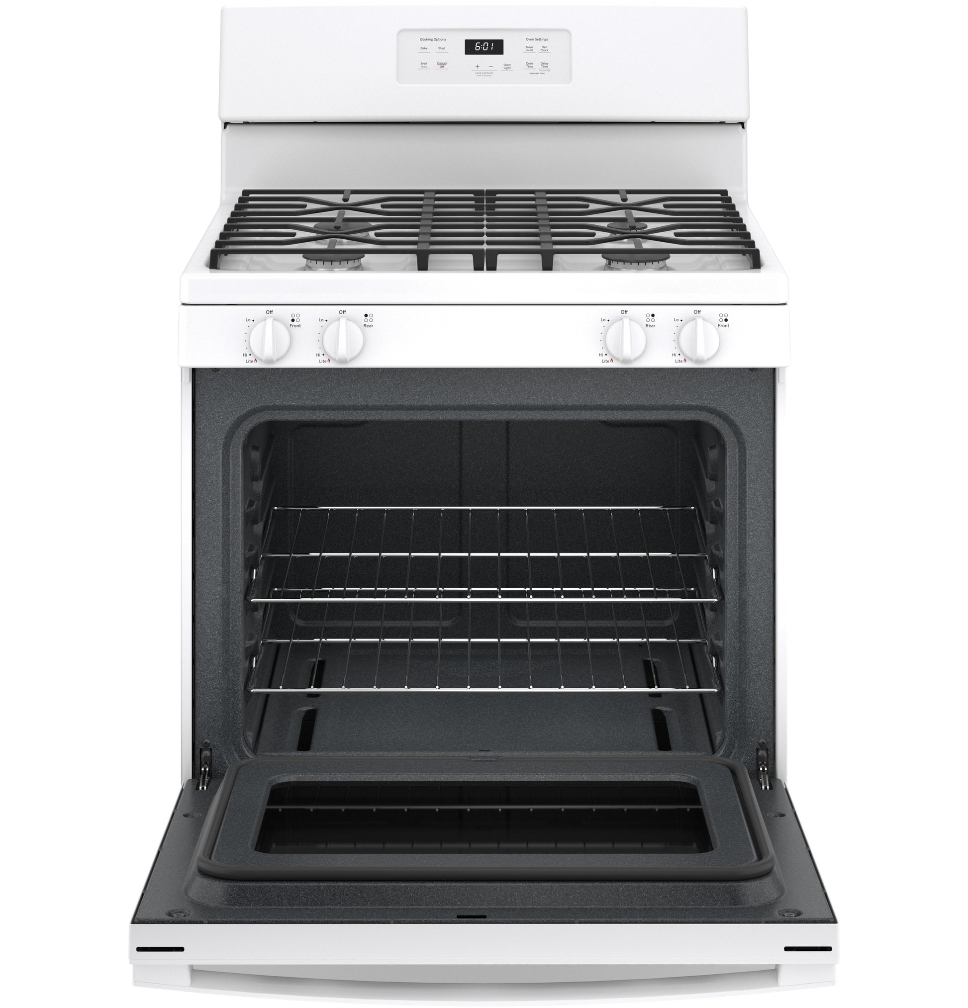 White free-standing gas range with open oven door and two racks in Ranges and Kitchen & Kitchenware collections