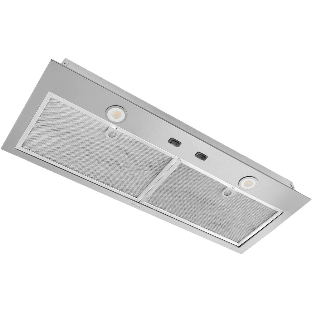 Stainless steel power pack insert range hood with LED lights and dual mesh filters in kitchen appliances collection