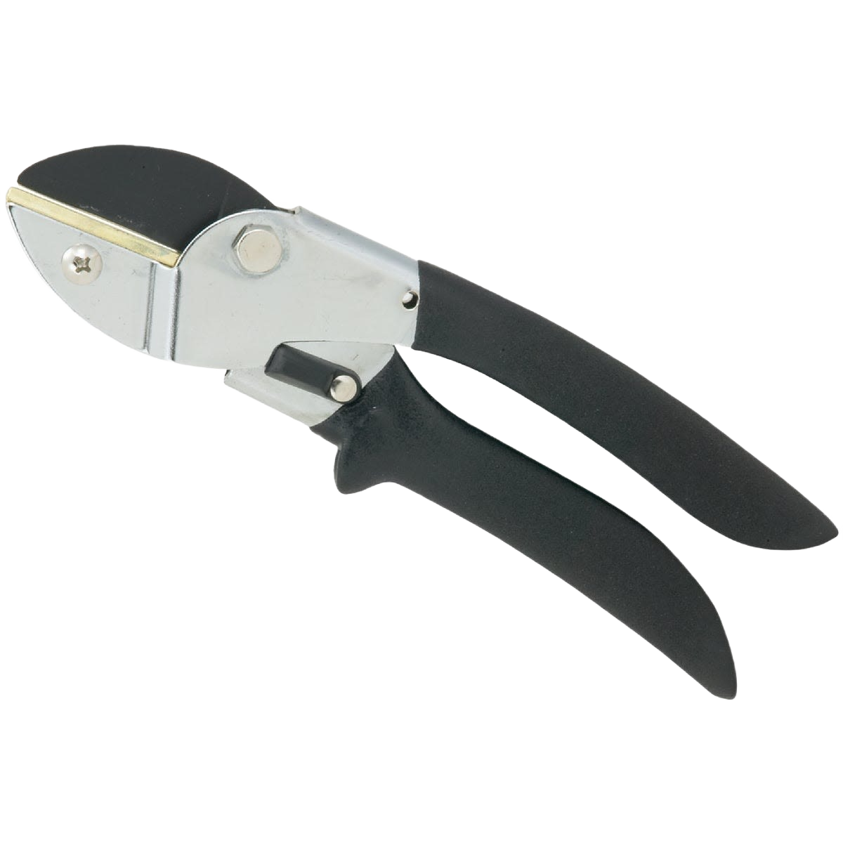Garden anvil pruner with black ergonomic handles and sharp steel blade for gardening and home improvement tasks