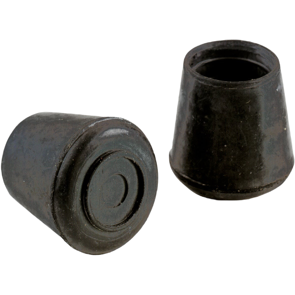 Two black rubber chair leg protectors designed for furniture accessories in hardware collections