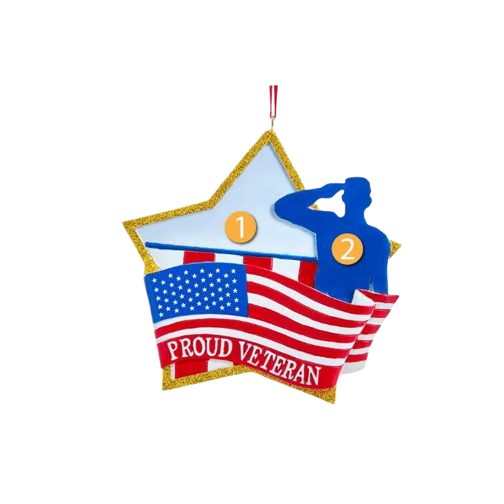Star-shaped patriotic ornament with glitter trim, American flag, and veteran silhouette for Christmas decorations.