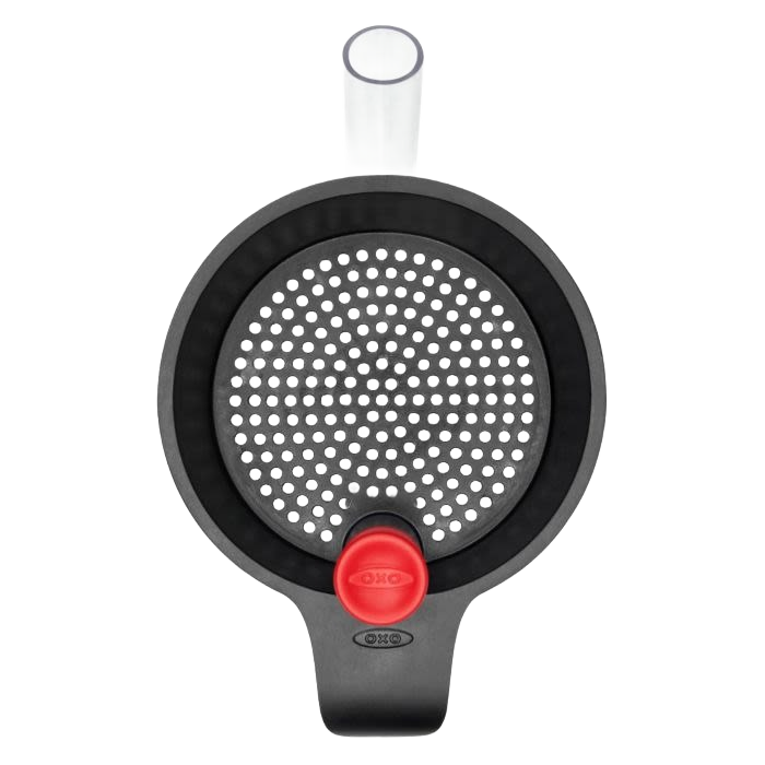 Top view of OXO fat separator strainer lid with black rim and red stopper for kitchen gadgets collections