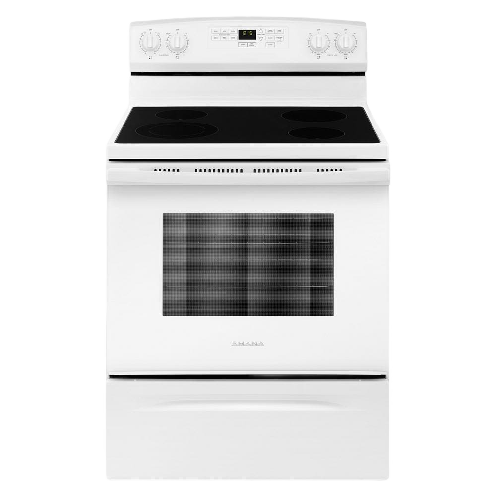 white electric range with smooth cooktop, digital controls, and extra-large oven window in kitchen appliances collection
