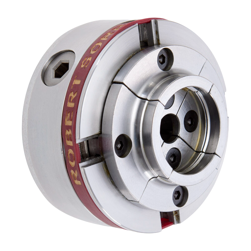 Metal chuck with precise clasps and engraved red band for woodworking and home improvement tasks