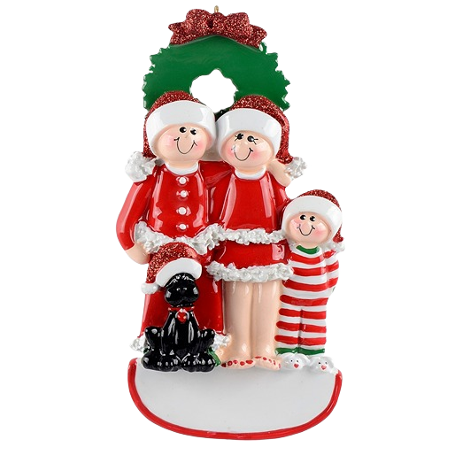 Festive family of three in holiday attire with a black dog under a green wreath for Christmas Ornaments collection