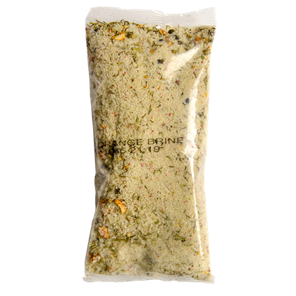 Clear plastic pouch with orange brine and turkey rub seasoning blend for cooking and grilling meals