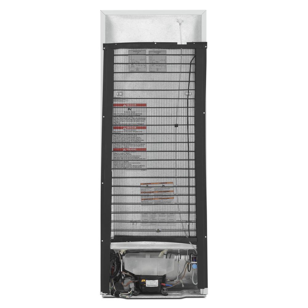 Rear view of a 24-inch wide top-freezer refrigerator showing cooling coils and compressor from appliances collection