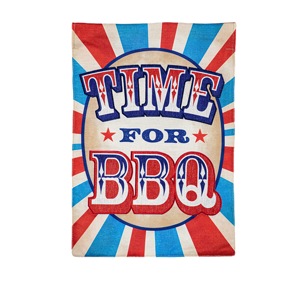 Decorative burlap flag with vintage red, white, and blue design featuring "Time For BBQ" text for outdoor decor
