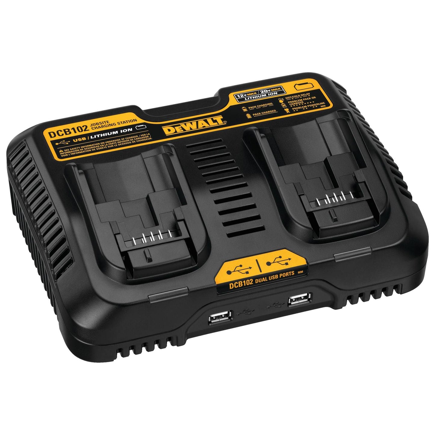 Black and yellow dual port lithium-ion battery charger with USB ports for tools and home improvement use