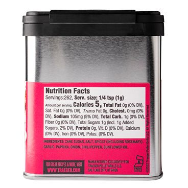 Rectangular metal container with nutrition facts and ingredients label for prime rib rub seasoning with rosemary and garlic