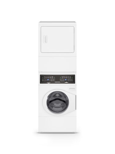 White 27" stacked front load gas washer-dryer combo with digital controls and glass door for laundry appliance centers
