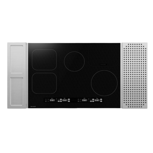 Black glass induction cooktop with four heating zones and stainless steel ventilation panels in kitchen appliances collection