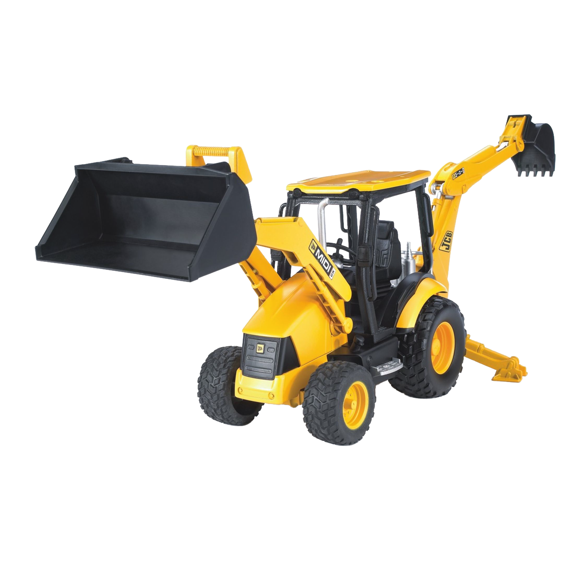 Yellow and black toy backhoe loader with front bucket and rear digging arm in Vehicles & Remote Controlled Toys collection