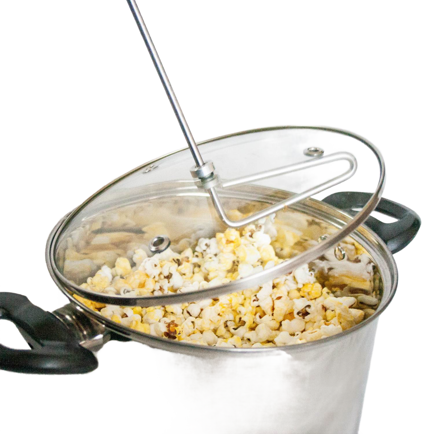 Stainless steel popcorn popper with clear glass lid and crank handle, filled with freshly popped popcorn from Small Kitchen Appliances collection