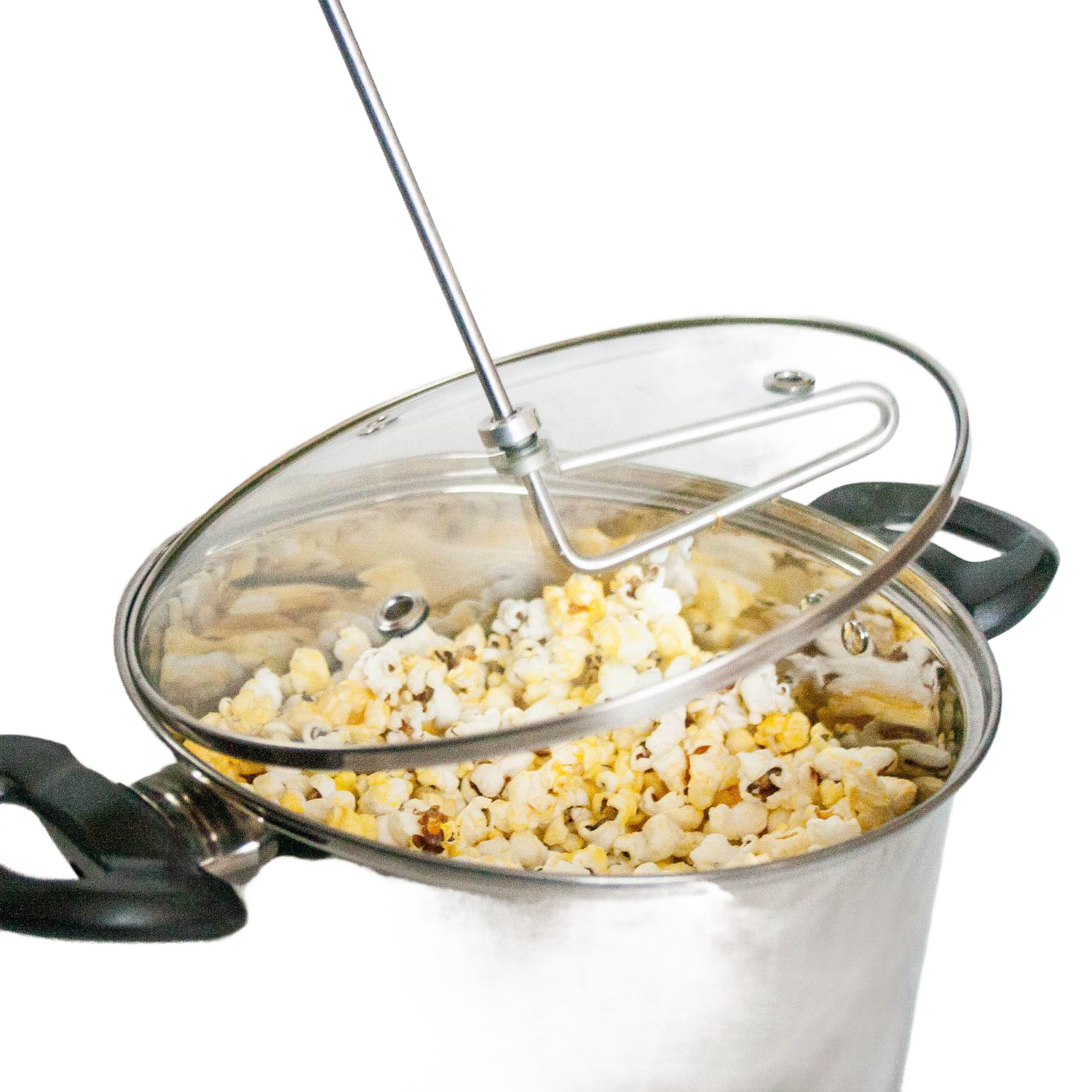 Stainless steel popcorn popper with clear glass lid and crank handle, filled with freshly popped popcorn from Small Kitchen Appliances collection