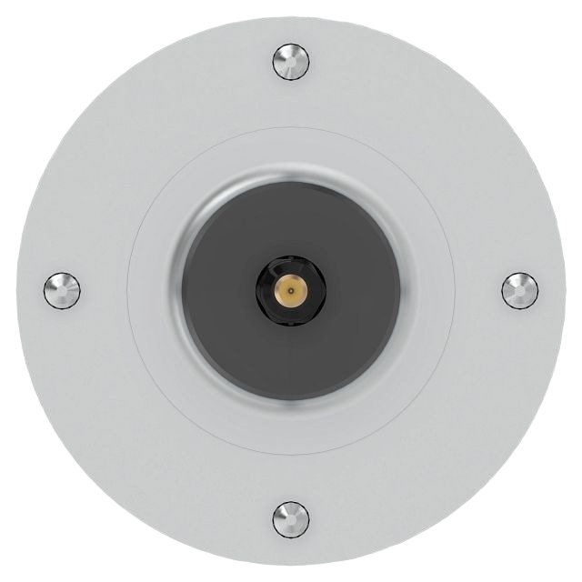 Metal mower blade spindle assembly with central black fitting and four mounting bolts for tools and home improvement use